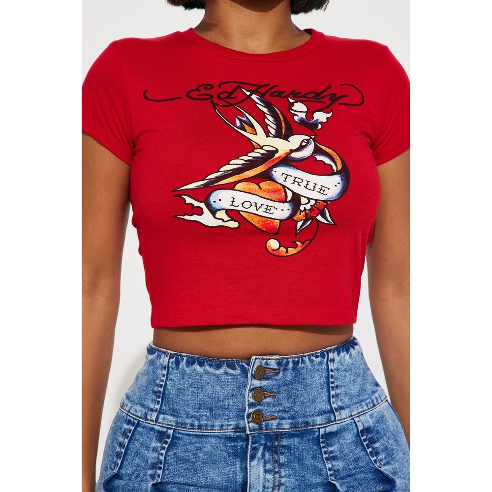 Ed Hardy Womens Red True Love Tattoo Graphic Crop Top Baby Tee Y2K 90s nostalgic